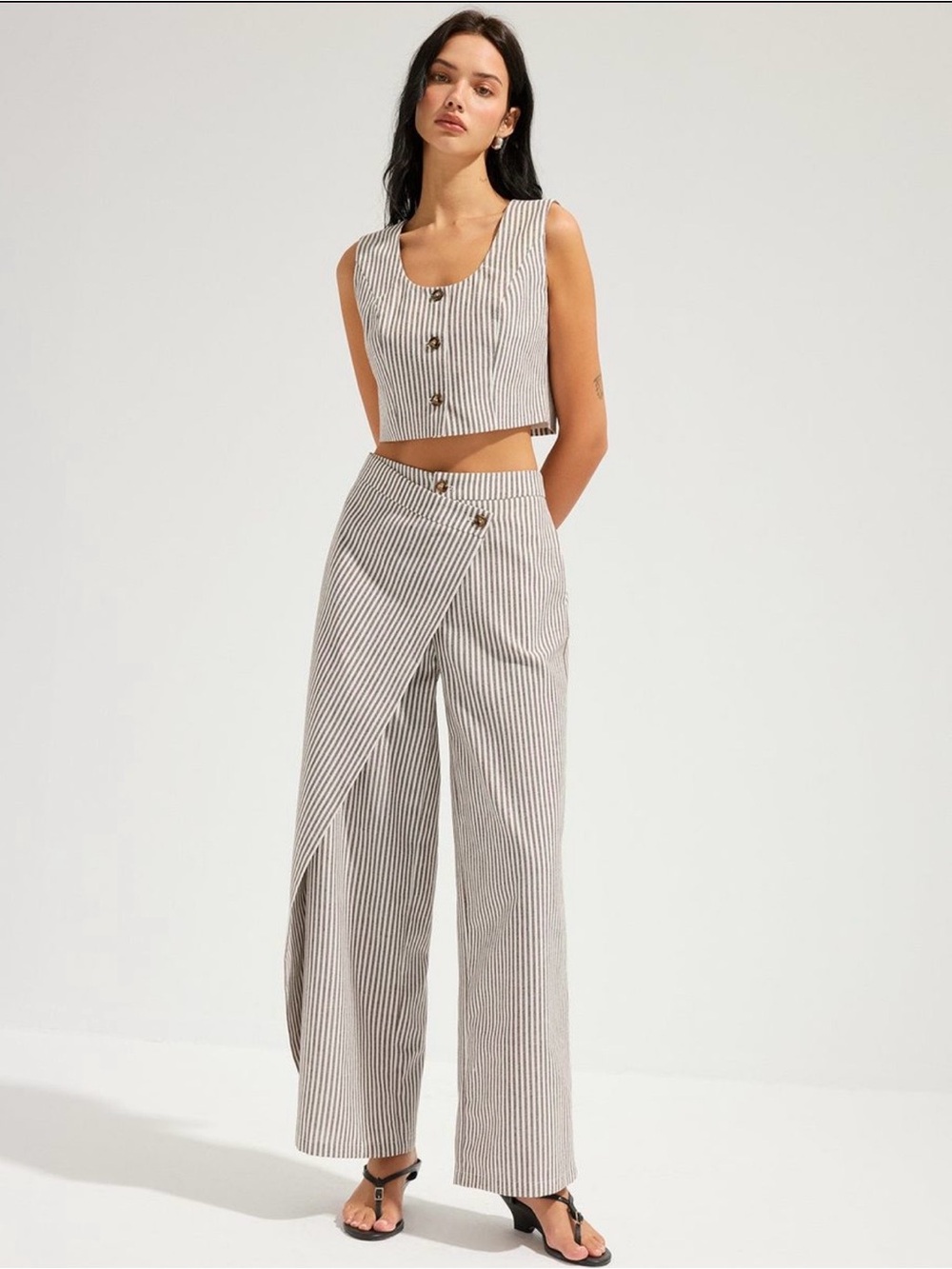 Commense  Striped Cotten Linen Vest & Asymmetrical Pants Set